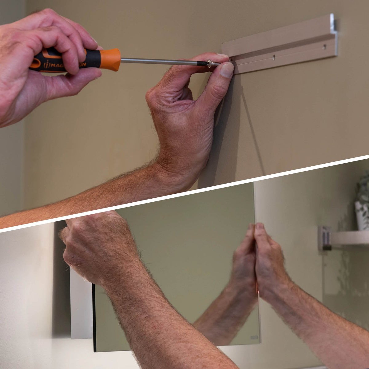 Lustro battery operated LED mirror fitted on a tiled bathroom wall