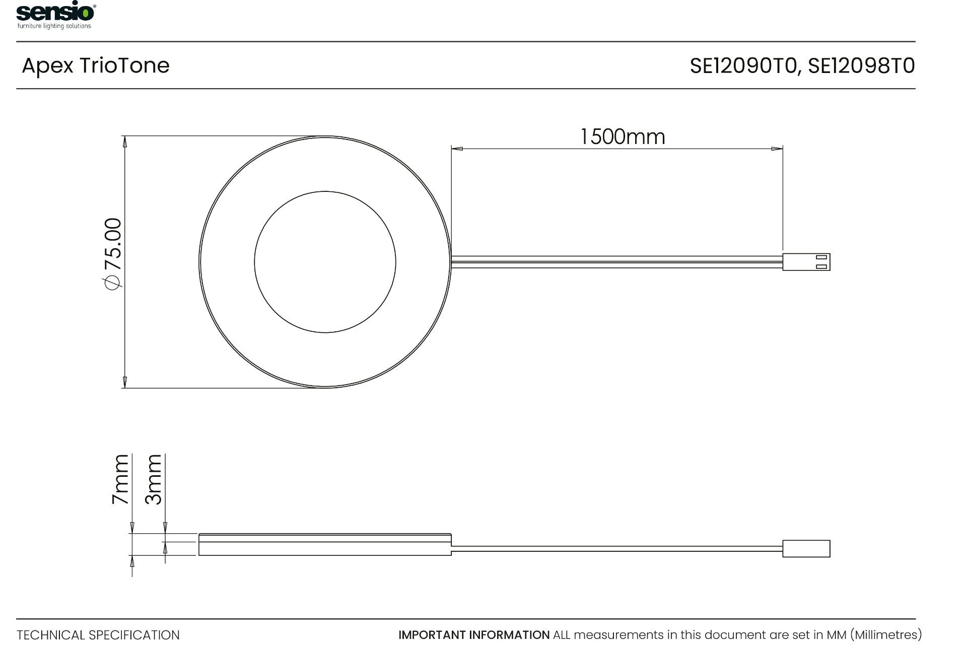 Technical drawing of a Sensio Apex TrioTone product with dimensions