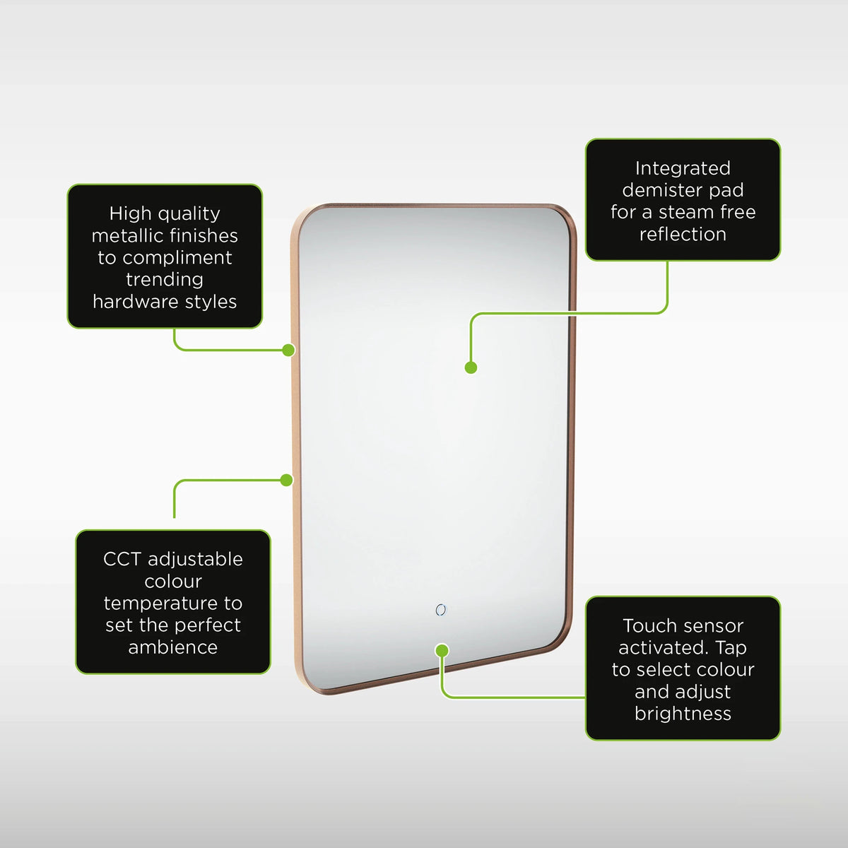 A rectangular LED mirror with a metallic rose gold frame, shown on a light gray background with four green callout boxes containing text describing its features. #Finish_Bronze