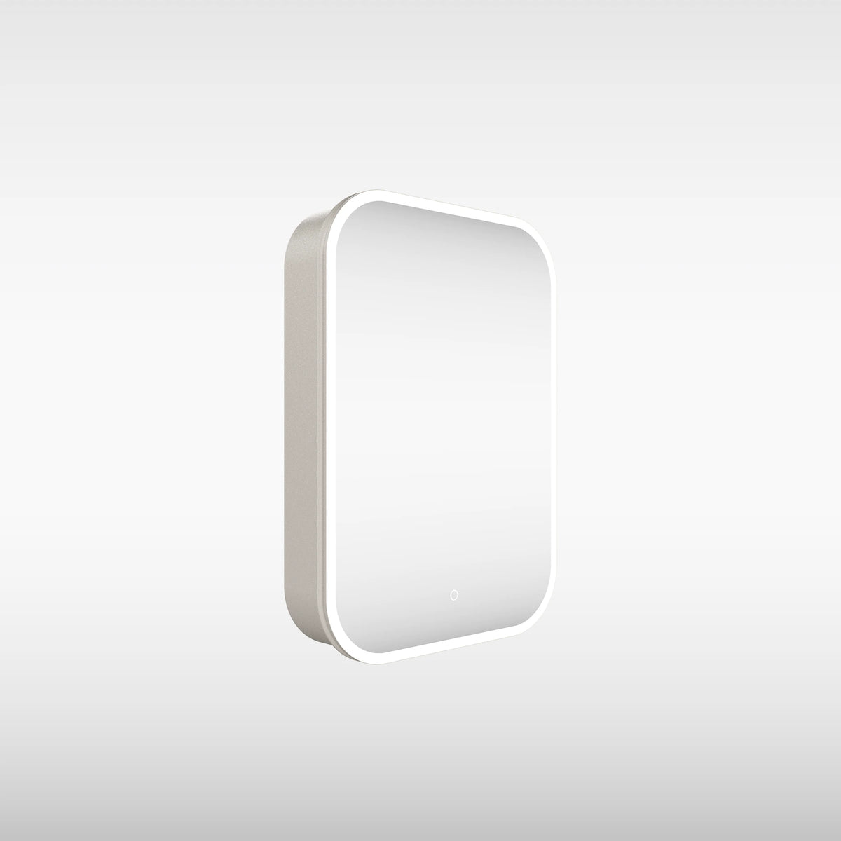 A minimalist white wall-mounted mirror with rounded corners and a slim silver side frame, shown against a clean light gray gradient background. #Size_500mm x 700mm