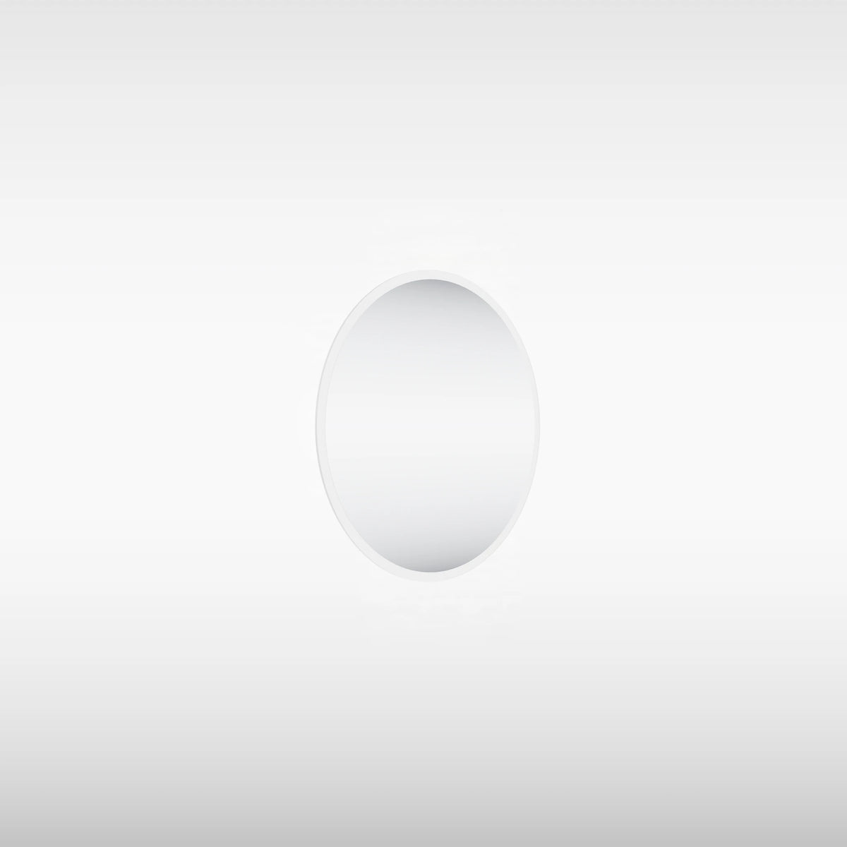 A minimalist, oval-shaped recessed light fixture or decorative wall plate in a clean white finish, centered against a seamless light gray gradient background.