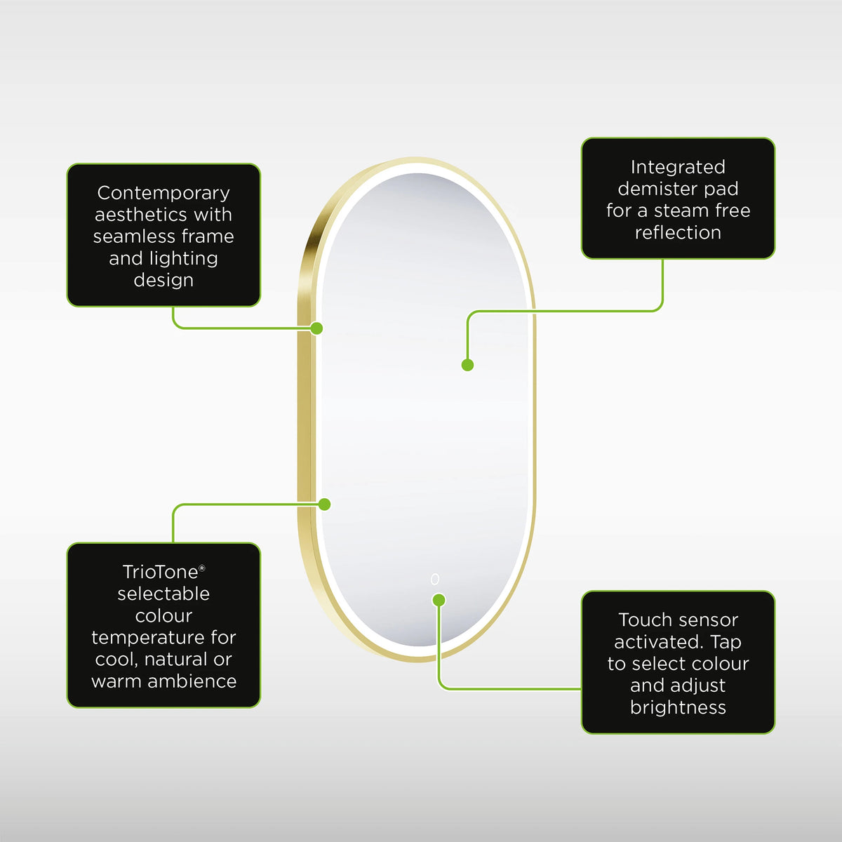An oval LED vanity mirror with a slim gold frame, shown on a light gray background with four black feature callout boxes and green lines pointing to design details like seamless lighting, integrated demister pad, temperature selectivity, and touch sensor functionality. #Finish_Brushed Brass