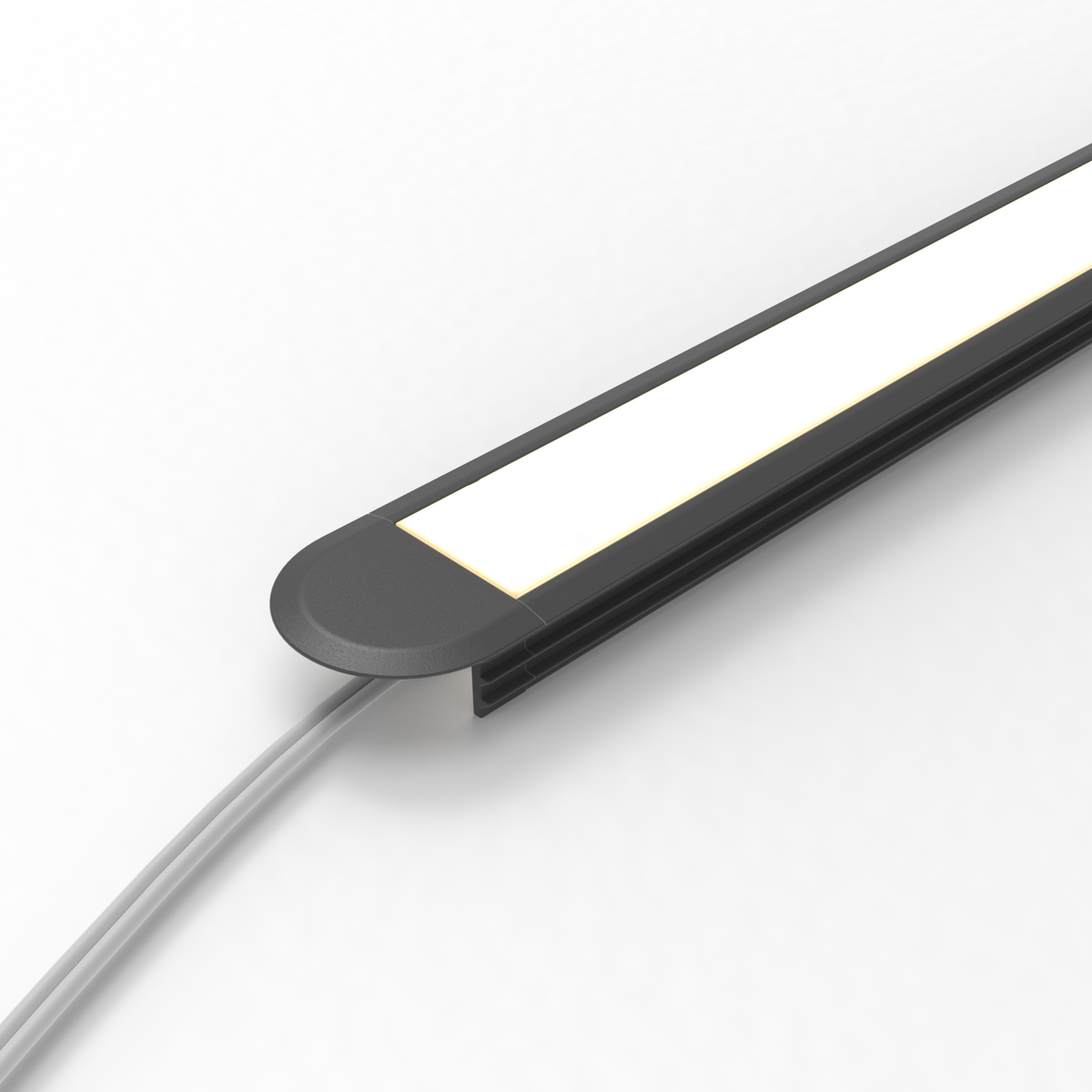 A close-up of a modern linear LED light bar with a matte black frame, a glowing white light panel, and a gray power cable, shown on a clean white background. #Finish_Black
