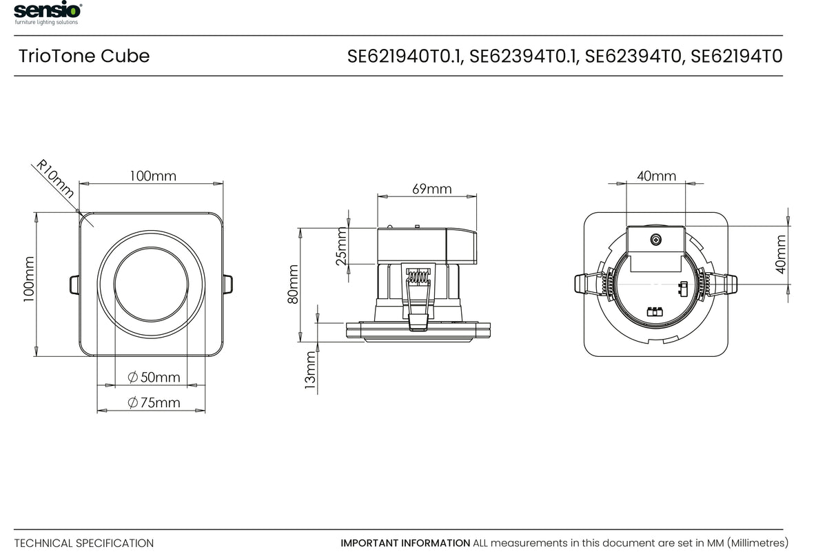 Technical drawing for Cube TrioTone® Dual Power Glass Bezel Downlight