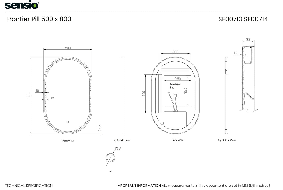 Technical specification sheet for a Sensio Frontier Pill light fixture, showing front, side, and back views with dimensions in millimeters.