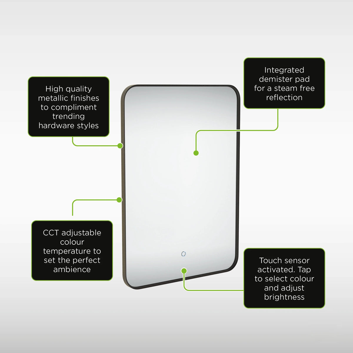 A rectangular LED light box with rounded corners, shown on a light gray background with four black callout boxes containing green text pointing out features such as metallic finishes, integrated demister pad, adjustable CCT temperature, and touch sensor. #Finish_Black