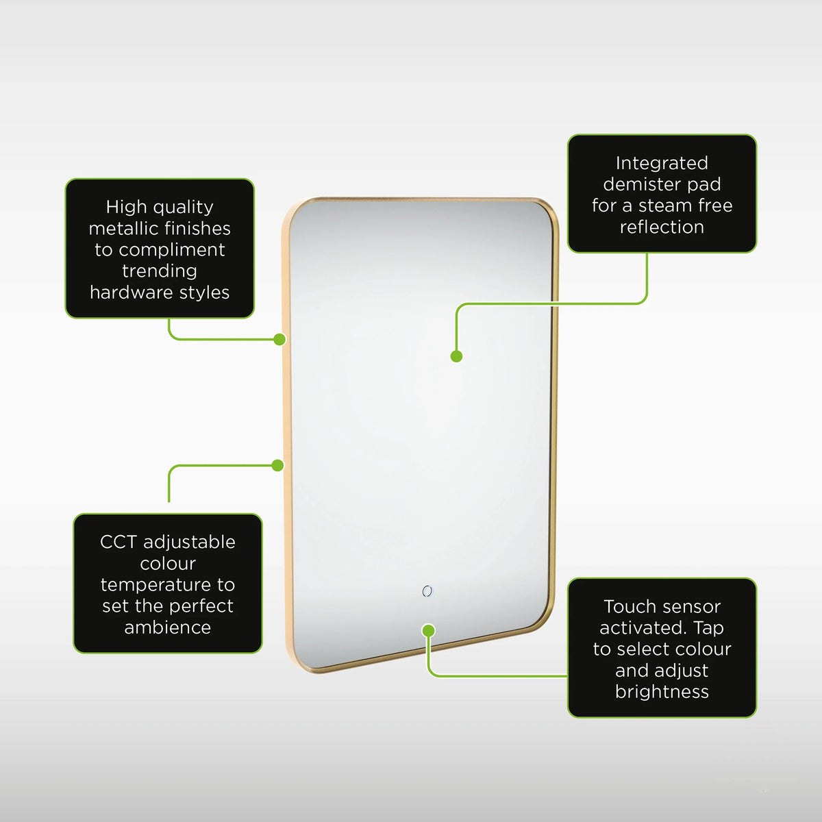 A rectangular LED vanity mirror with rounded corners and a gold-toned frame, shown on a light gray background with four callout boxes describing its features: metallic finish, integrated demister pad, adjustable CCT color temperature, and touch sensor. #Finish_Brushed Brass