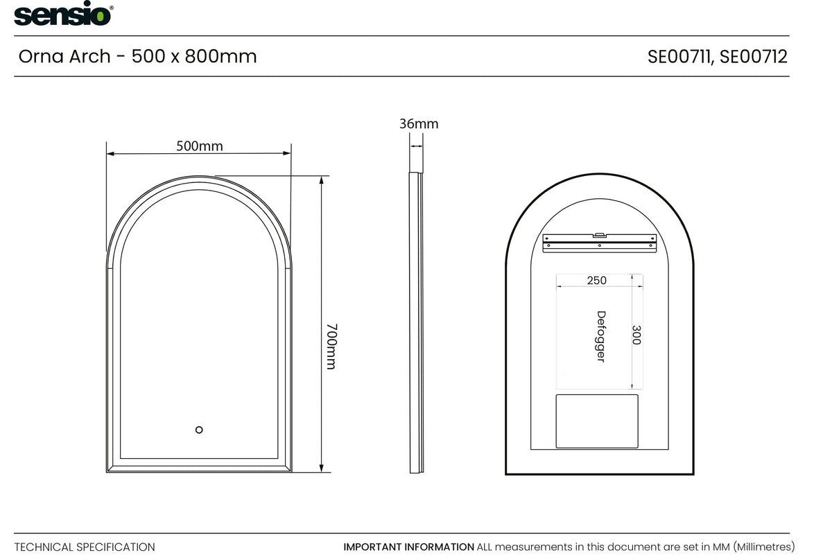 Technical specification sheet for the Sensio Orna Arch 500 x 800mm door handle, showing front, side, and back views with dimensions in millimeters.