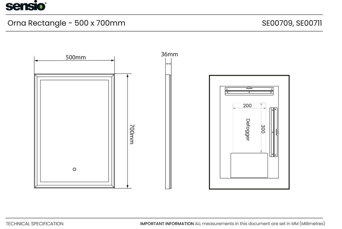 Technical specification sheet for the Sensio Orna Rectangle panel, showing front, side, and back dimension drawings with measurements in millimeters.