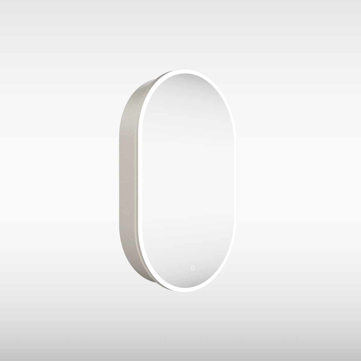 A minimalist, oval-shaped wall mirror with a sleek white frame and a subtle glowing LED light border, shown against a clean, light gray gradient background.
