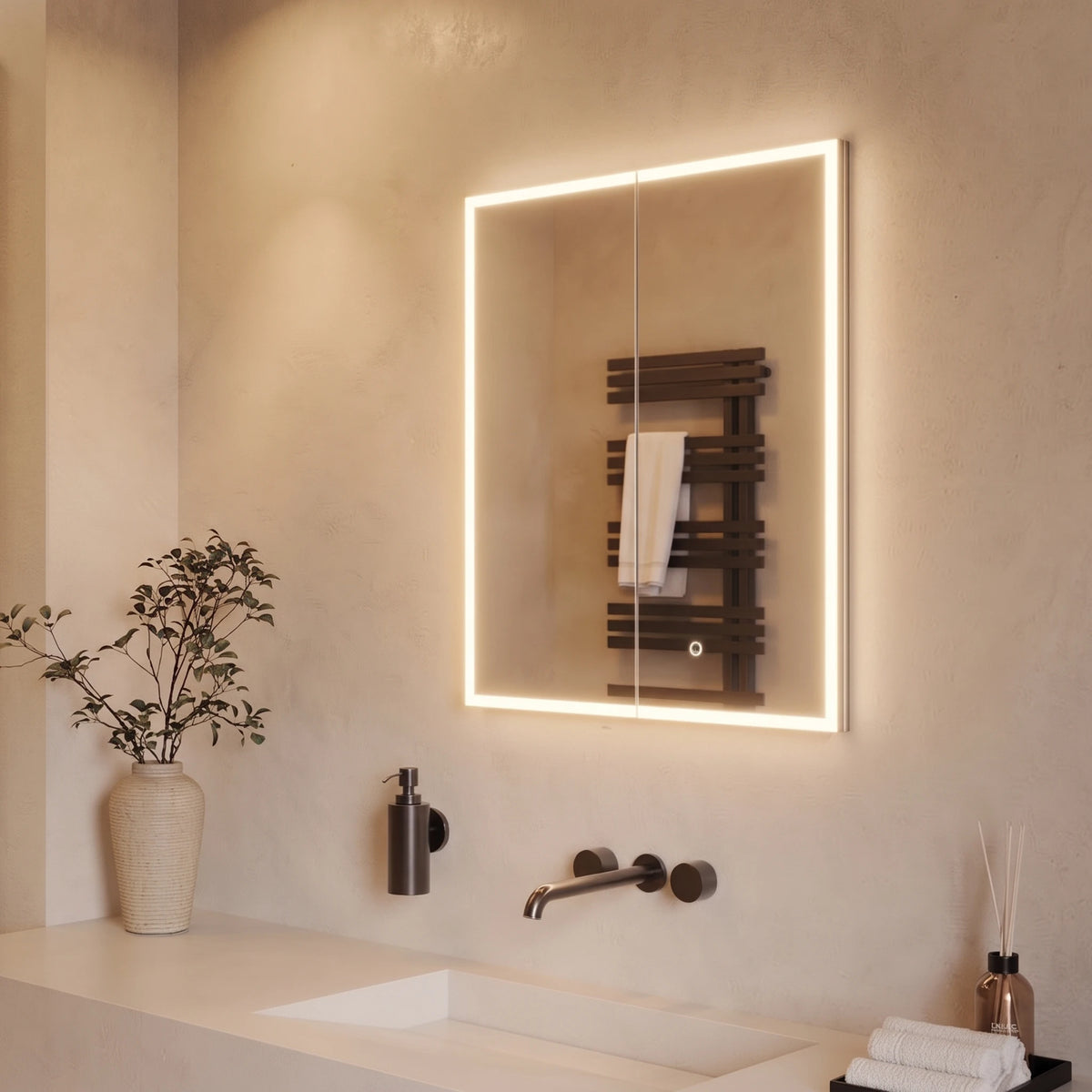 An illuminated rectangular bathroom mirror with a slim lighted frame mounted on a beige wall above a sink. The mirror reflects a dark wooden towel radiator with a white towel, and the room is styled with a vase of greenery, a wall-mounted soap dispenser, and folded towels. #Size_600mm x 700mm