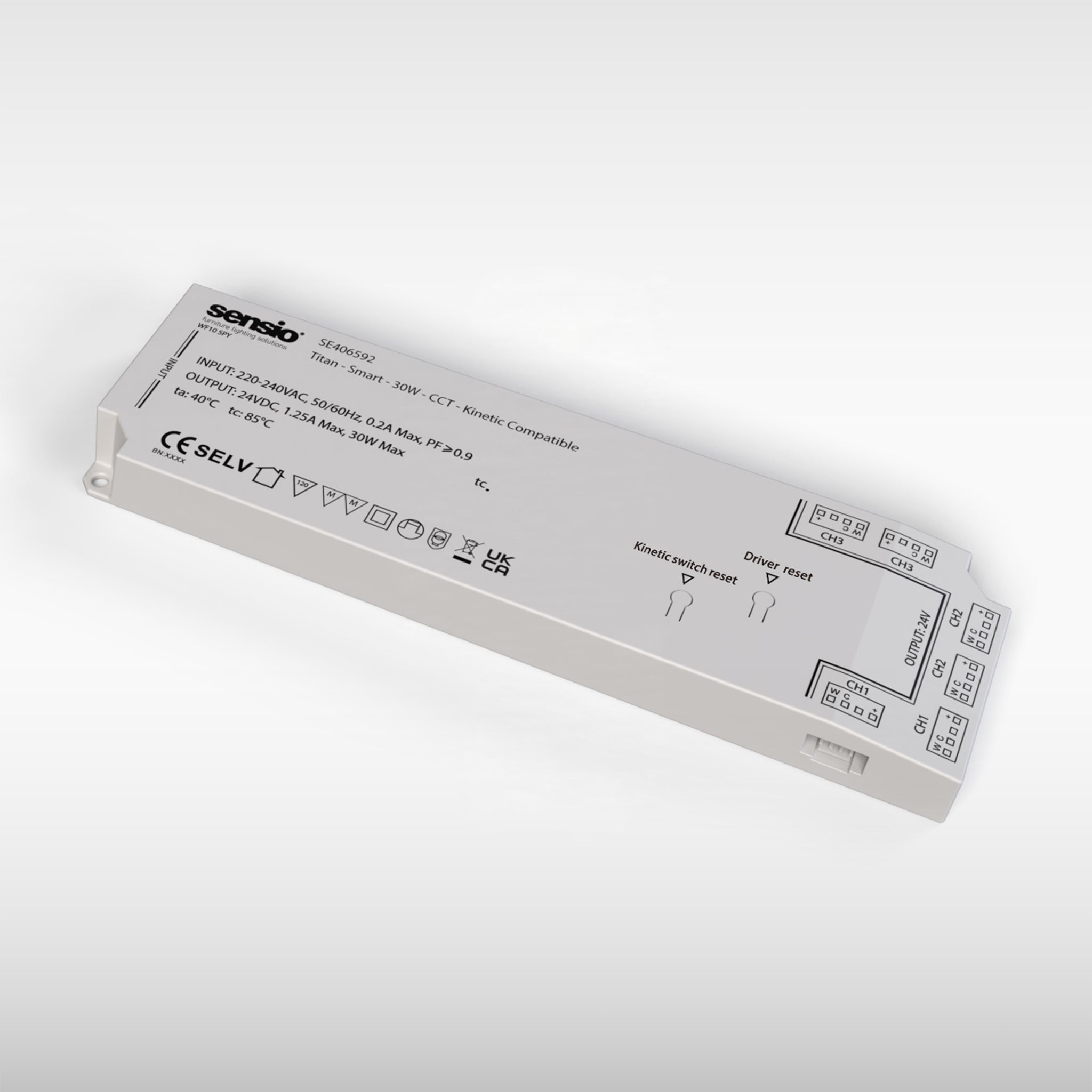 #size_30W A slim, white rectangular lighting driver with 4-pin distribution ports, and labeling including CE marking and technical specifications.